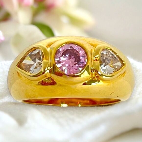 Vintage Ring Size 8 Pink & Heart Cubic Zirconia 14K Gold Plate Mid-Century 14K - Picture 1 of 11